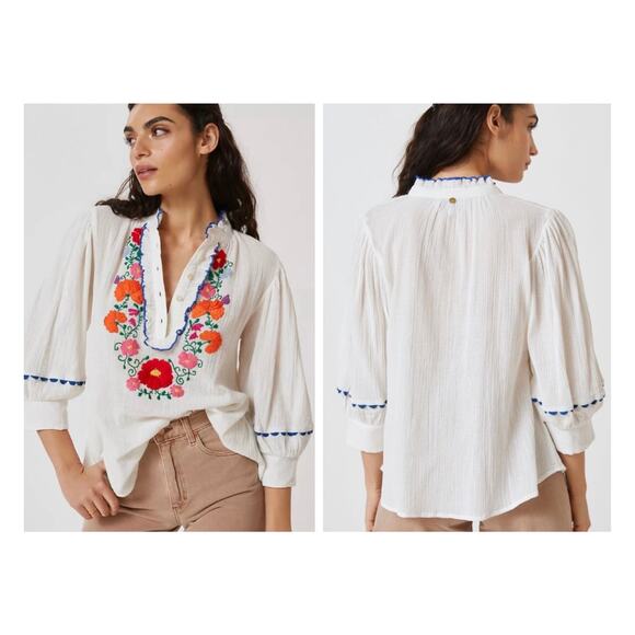 Antik Batik Floral Hand-Embroidered Ruffle Collar Clotilda Crepe Blouse - Small - Picture 14 of 14